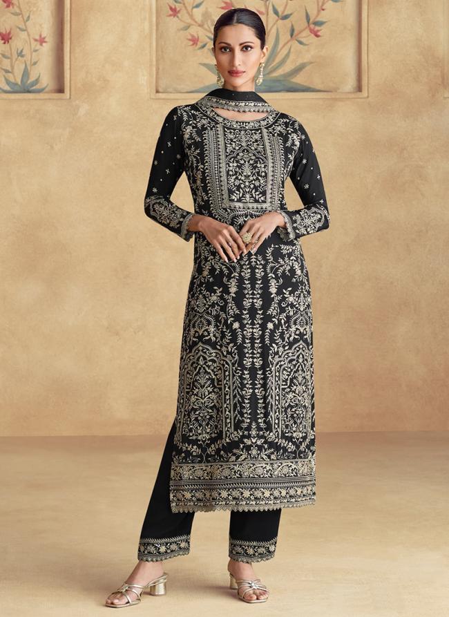 Chinnon Black Ceremonial Wear Sequins Work Readymade Straight Suit